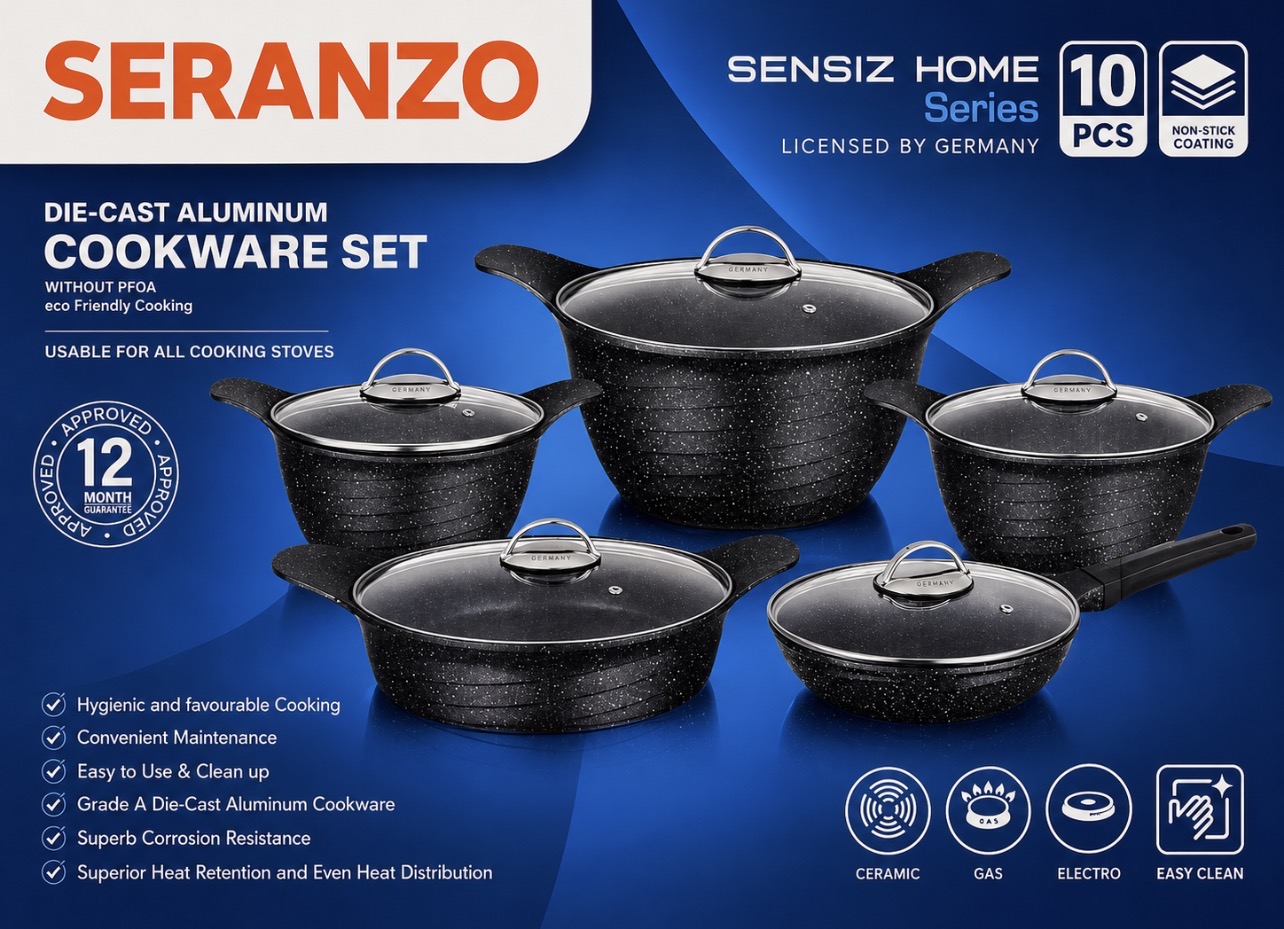 سرویس قابلمه ۱۰ پارچه سرانزو SERANZO سری SENSIZ HOME با تابه تک‌دسته ۲۴