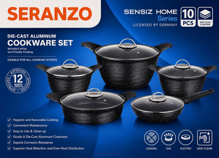 سرویس قابلمه ۱۰ پارچه سرانزو SERANZO سری SENSIZ HOME با تابه تکدسته ۲۴