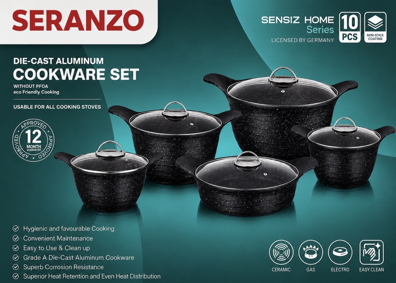 سرویس قابلمه ۱۰ پارچه سرانزو SERANZO سری SENSIZ HOME با قابلمه سایز ۳۲
