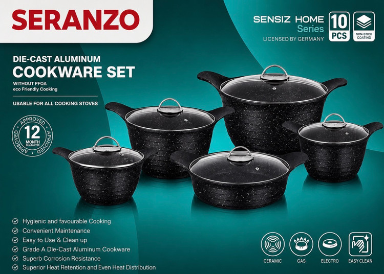 سرویس قابلمه ۱۰ پارچه سرانزو SERANZO سری SENSIZ HOME با قابلمه سایز ۳۲