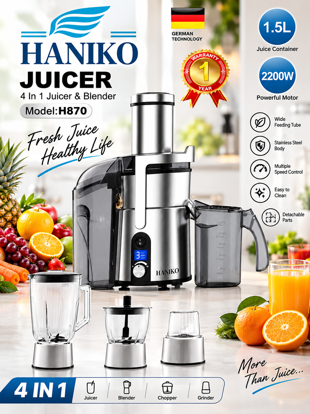 آبمیوه‌گیری ۴ کاره هانیکو HANIKO مدل H870، توان ۲۲۰۰ وات